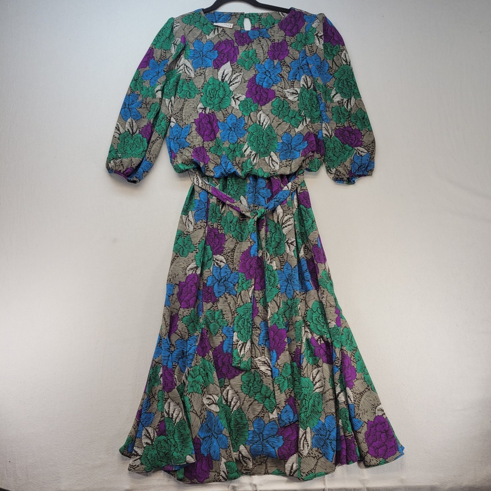 Amy-Deb Floral Midi Dress Womens 16 Multicolor Vintage 80s Belted 3/4 Sleeve